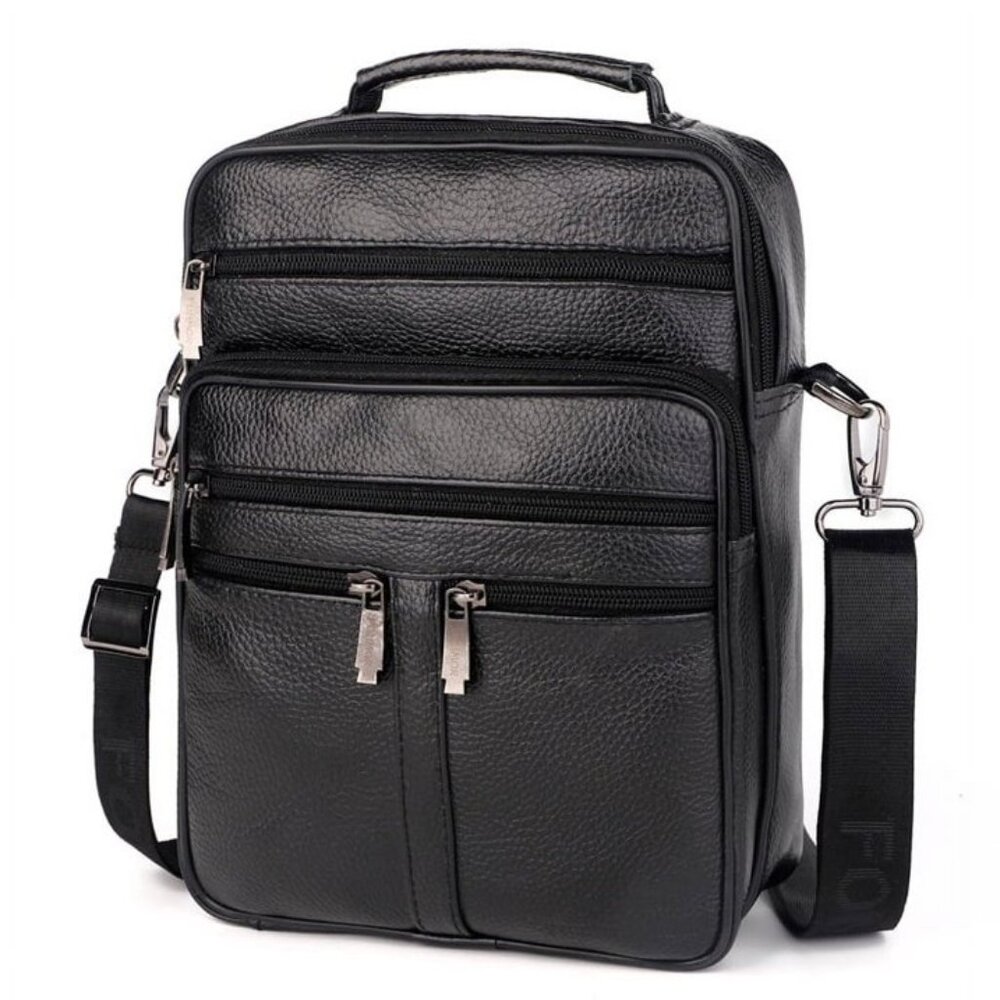 NWT Fonmor Black Genuine Pebbled Cowhide Leather Unisex/Men's Messenger Bag